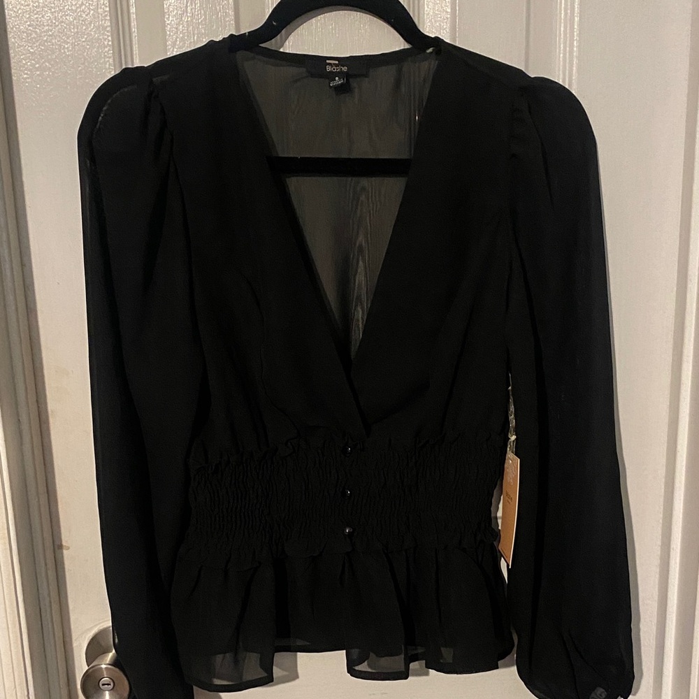 Black Blouse with Smocked Waist